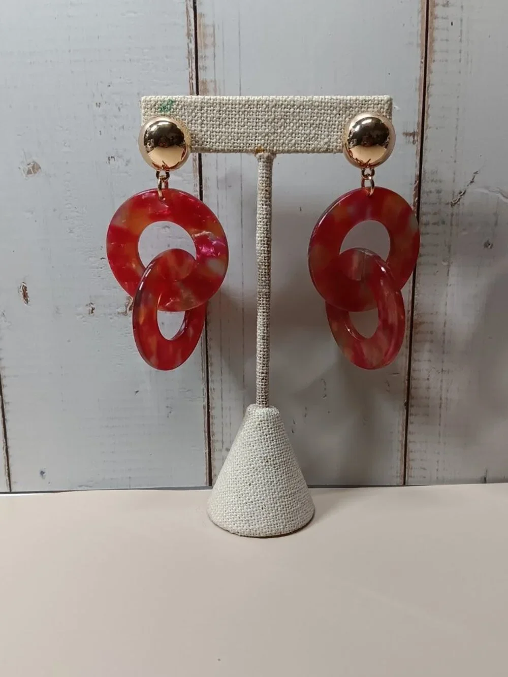 Pierced Earrings Marbled Interlocked Disks Dangle Drop Groovy Boho